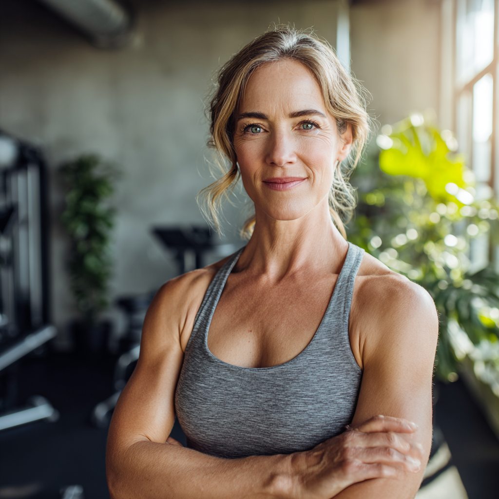 Confident woman in her late forties wearing athletic wear, standing in a modern fitness studio with natural lighting. She has a warm, determined expression and appears healthy and strong. The setting shows professional fitness equipment in the background with plants and large windows creating an inviting, wellness-focused atmosphere.